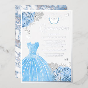 Invitación Con Relieve Metalizado Baby Blue Floral Butterfly Quinceañera Plata