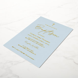Invitación Con Relieve Metalizado Baby Blue Gold Cross tipografía moderna script 