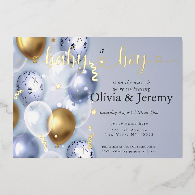 Invitación Con Relieve Metalizado Baby Boy Blue Balloons Baby Shower (Anverso)