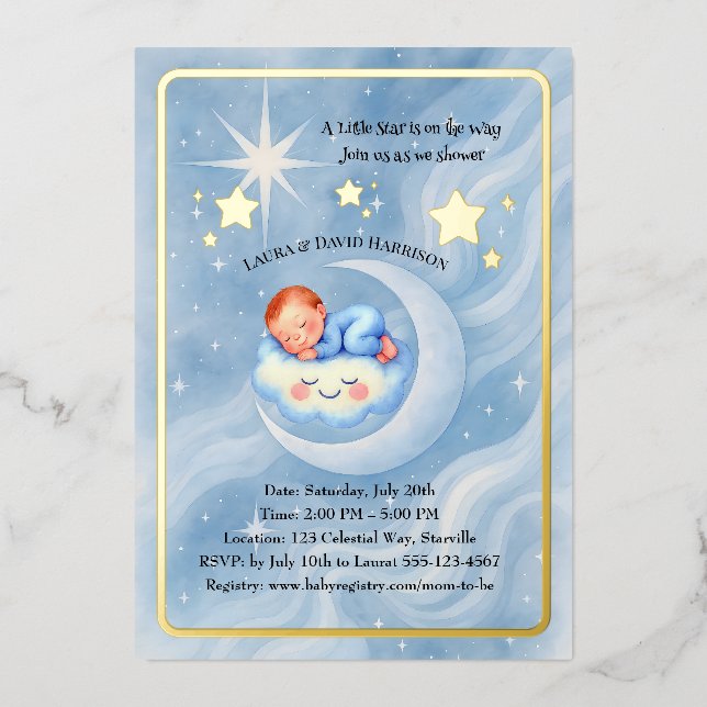 Invitación Con Relieve Metalizado Baby Boy Shower Invitan a la Moonlight Stars Water (Anverso)