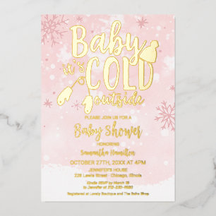 Invitación Con Relieve Metalizado Baby It's Cold Outside Winter Chica Baby Shower