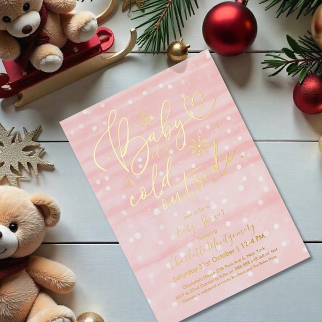 Invitación Con Relieve Metalizado Baby It's Cold Outside Winter Chica Baby Shower (Subido por el creador)