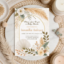 Invitación Con Relieve Metalizado Baby Shower Arco de Pampas Boho