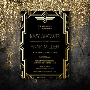 Invitación Con Relieve Metalizado Baby Shower Art Déco negro y dorado de Gatsby