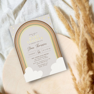Invitación Con Relieve Metalizado Baby Shower Bohemio Arcoíris Neutro Tierra