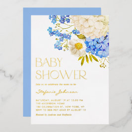 Invitación Con Relieve Metalizado Baby Shower Boho Blue and White Hydrangeas