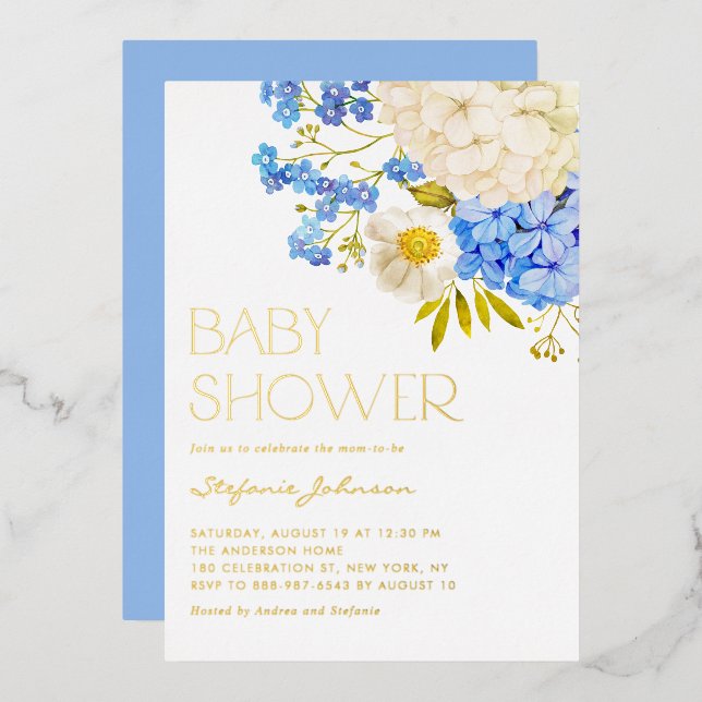 Invitación Con Relieve Metalizado Baby Shower Boho Blue and White Hydrangeas (Anverso/Reverso)