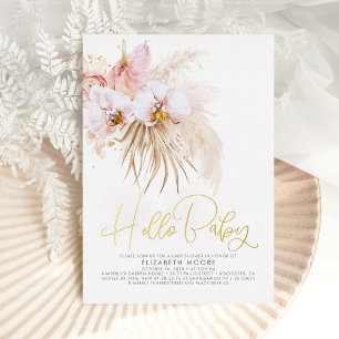 Invitación Con Relieve Metalizado Baby Shower Boho Pampas Grass and Tropical Flowers