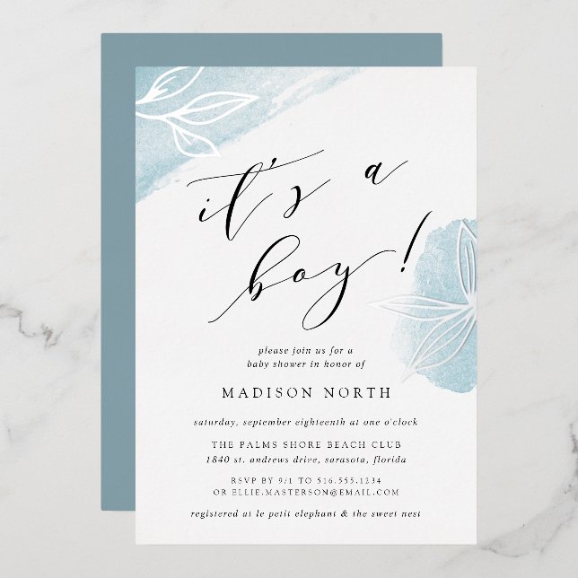 Invitación Con Relieve Metalizado Baby Shower botánico de Secret Garden (Anverso/Reverso)