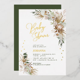 Invitación Con Relieve Metalizado Baby Shower botánico Green & Gold Boho