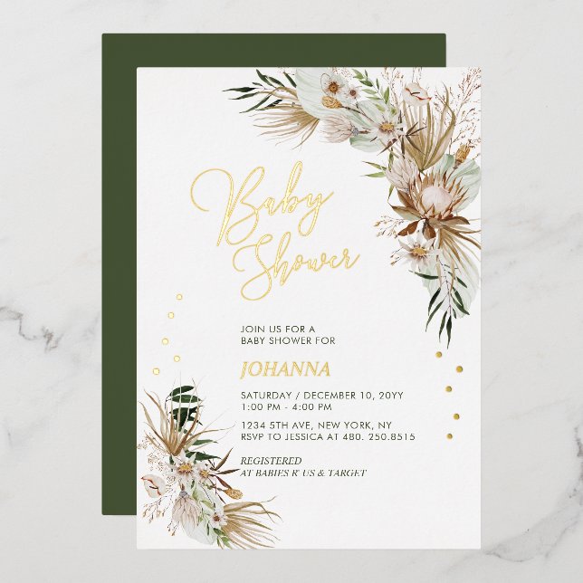 Invitación Con Relieve Metalizado Baby Shower botánico Green & Gold Boho (Anverso/Reverso)