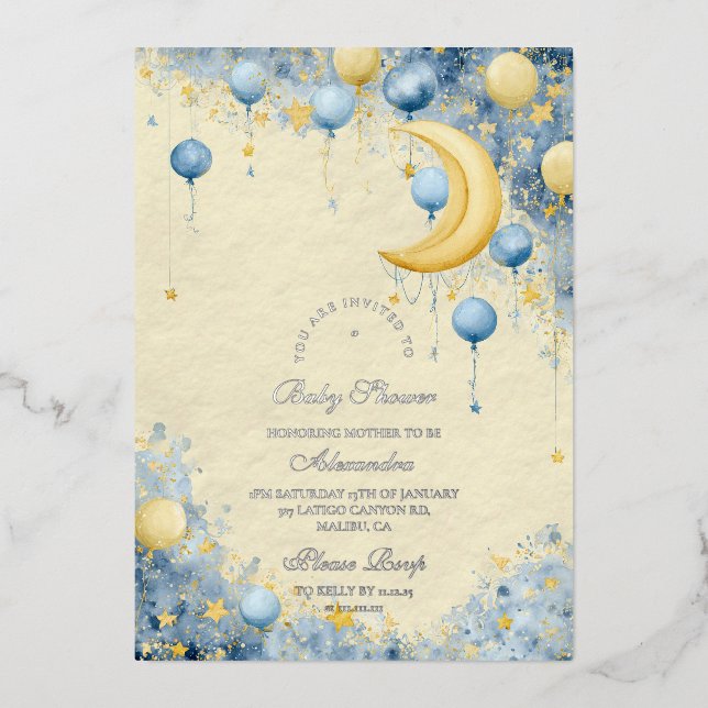 Invitación Con Relieve Metalizado Baby Shower Celestial Moon and Stars (Anverso)