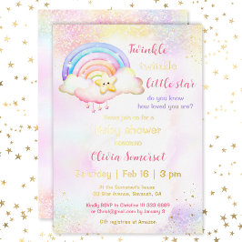 Invitación Con Relieve Metalizado Baby Shower Chica arcoiris de estrella pequeña Twi