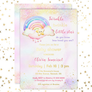 Invitación Con Relieve Metalizado Baby Shower Chica arcoiris de estrella pequeña Twi