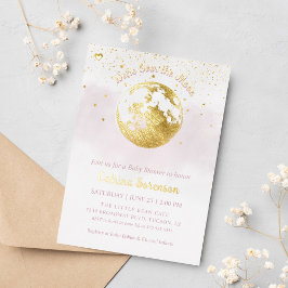 Invitación Con Relieve Metalizado Baby Shower Chica Celestial Rosa sobre la Luna