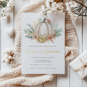 Invitación Con Relieve Metalizado Baby Shower Coastal Fall   Calabaza acuática y se