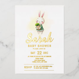 Invitación Con Relieve Metalizado Baby Shower de animales de bosque Bunny Rabbit