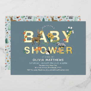 Invitación Con Relieve Metalizado Baby Shower de animales de Woodland modernos y cor