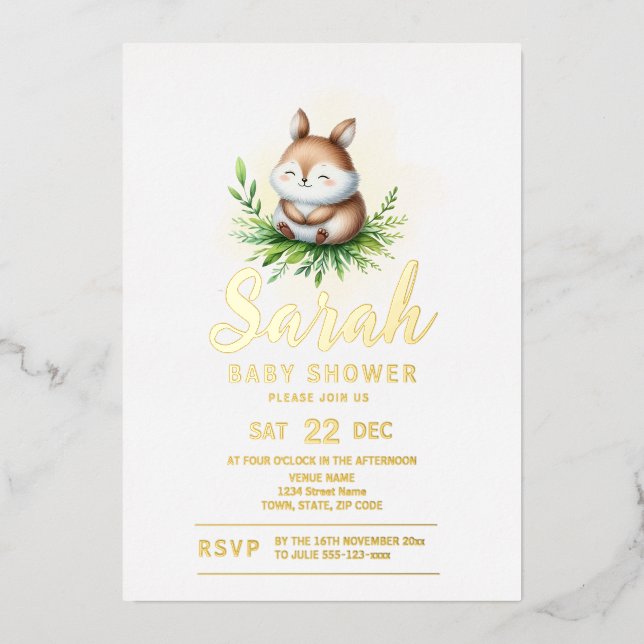 Invitación Con Relieve Metalizado Baby Shower de animales Woodland (Anverso)