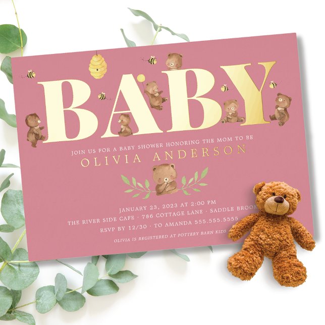 Invitación Con Relieve Metalizado Baby Shower de besito de miel rosa (Subido por el creador)