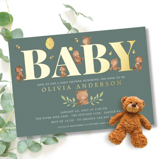 Invitación Con Relieve Metalizado Baby Shower de besito de miel verde (Subido por el creador)
