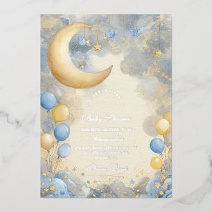 Invitación Con Relieve Metalizado Baby Shower de Blue Moon y Stars