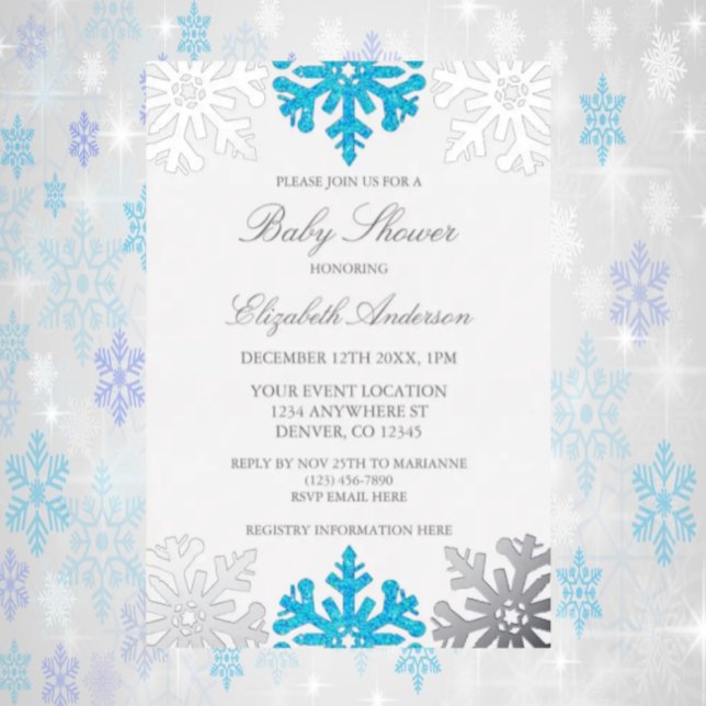 Invitación Con Relieve Metalizado Baby Shower de invierno Silver Blue Snowflake (Subido por el creador)