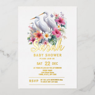 Invitación Con Relieve Metalizado Baby Shower de la costa de aves tropicales Egret