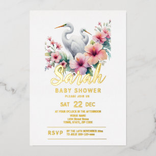 Invitación Con Relieve Metalizado Baby Shower de la costa de aves tropicales Egret