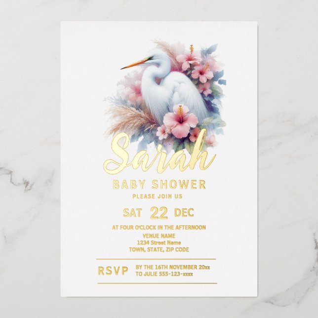 Invitación Con Relieve Metalizado Baby Shower de la costa de aves tropicales Egret (Anverso)