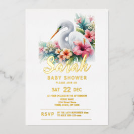 Invitación Con Relieve Metalizado Baby Shower de la costa de aves tropicales Egret