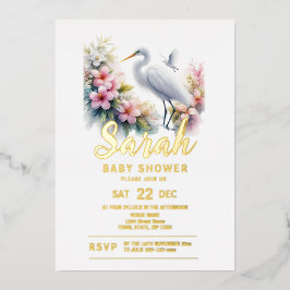 Invitación Con Relieve Metalizado Baby Shower de la costa de aves tropicales Egret