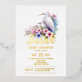 Invitación Con Relieve Metalizado Baby Shower de la costa de aves tropicales Egret