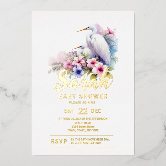 Invitación Con Relieve Metalizado Baby Shower de la costa de aves tropicales Egret (Anverso)
