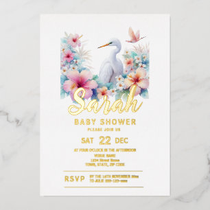 Invitación Con Relieve Metalizado Baby Shower de la costa de aves tropicales Egret