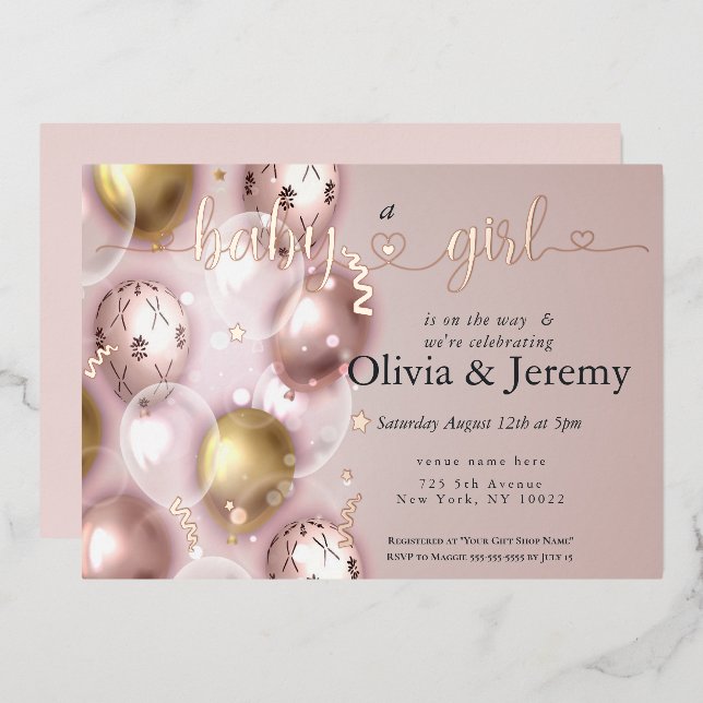 Invitación Con Relieve Metalizado Baby Shower de los globos rosados de Baby Girl (Anverso/Reverso)