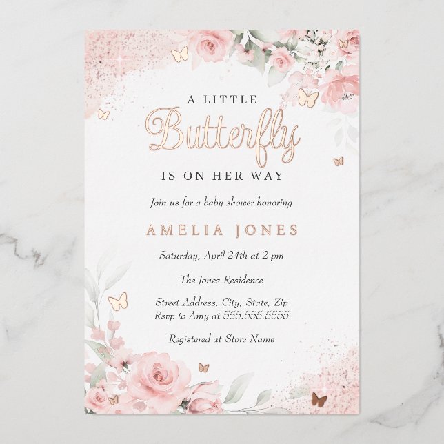 Invitación Con Relieve Metalizado Baby Shower de mariposa Rosa de Rubor rosa (Anverso)