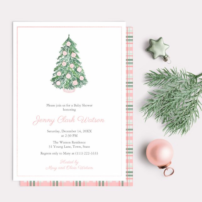 Invitación Con Relieve Metalizado Baby Shower De Navidades Ecológicos Rosados De Alt (Refined Rose Gold And Pink Chinoiserie Holidays Tree Baby Shower For Girl Invitation)