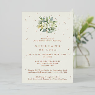 Invitación Con Relieve Metalizado Baby Shower de novia Elegante Crema Snowberry+Euca