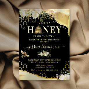 Invitación Con Relieve Metalizado Baby Shower Elegante Abeja Miel Negra Dorada