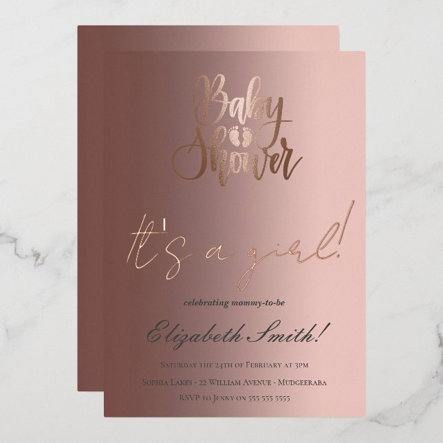 Invitación Con Relieve Metalizado Baby Shower - Es un Chica, Rosa Relieve metalizado (Anverso/Reverso)