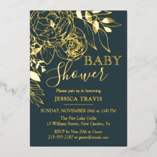 Invitación Con Relieve Metalizado Baby Shower floral oscuro Verde azulado y dorado m