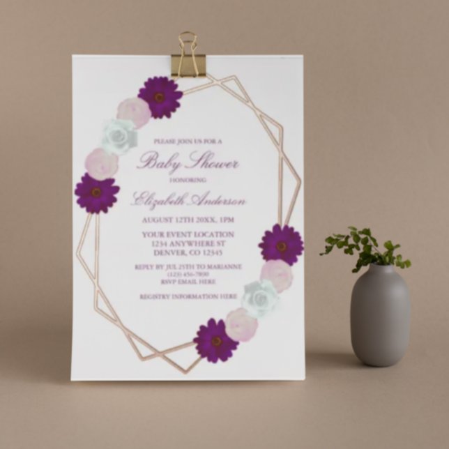 Invitación Con Relieve Metalizado Baby Shower geométrico morado floral blanco (Subido por el creador)