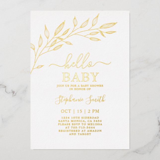 Invitación Con Relieve Metalizado Baby Shower Gold (Anverso)