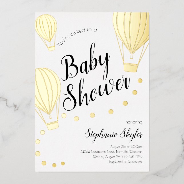 Invitación Con Relieve Metalizado Baby Shower Gold Hot Air Balloon (Anverso)