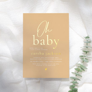 Invitación Con Relieve Metalizado Baby Shower Groovy Amarillo Floral Oh Baby Brillan