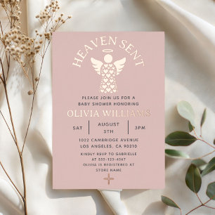 Invitación Con Relieve Metalizado Baby Shower Heaven Sent Angel Hearts Rosa Gold