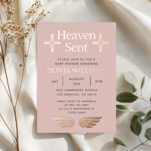 Invitación Con Relieve Metalizado Baby Shower Heaven Sent Cross Angel Rosa Gold