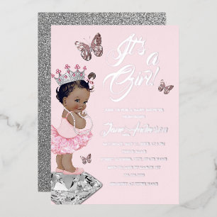 Invitación Con Relieve Metalizado Baby Shower, la princesa de plata rosada de Estado