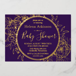 Invitación Con Relieve Metalizado Baby Shower Morple & Gold Moderno Peony Toile